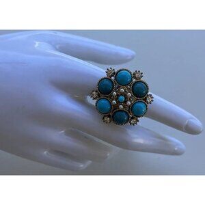 Vintage Size 6.5 Silver Oval Turquoise Pearl White Stone Faux Ring Western Style